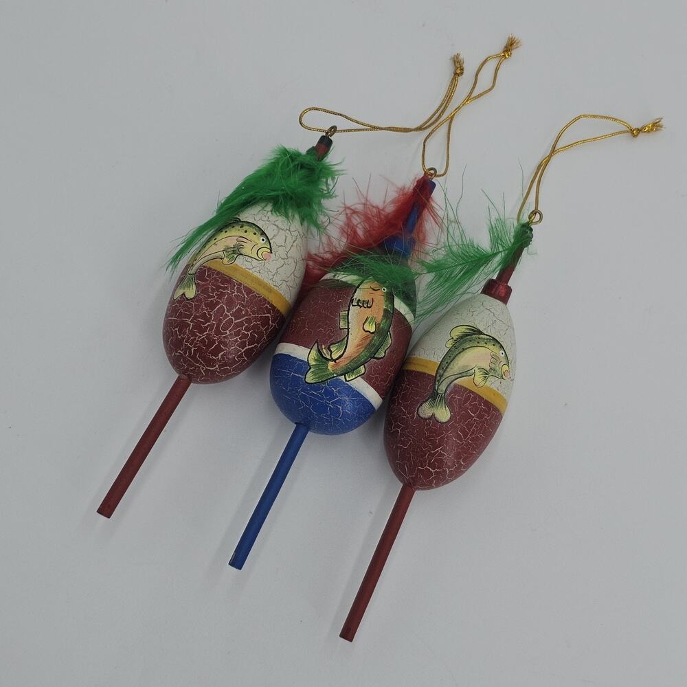 Christmas Fishing Lures Ornaments Handpainted Wooden Bobbers Rustic Cabin Decor